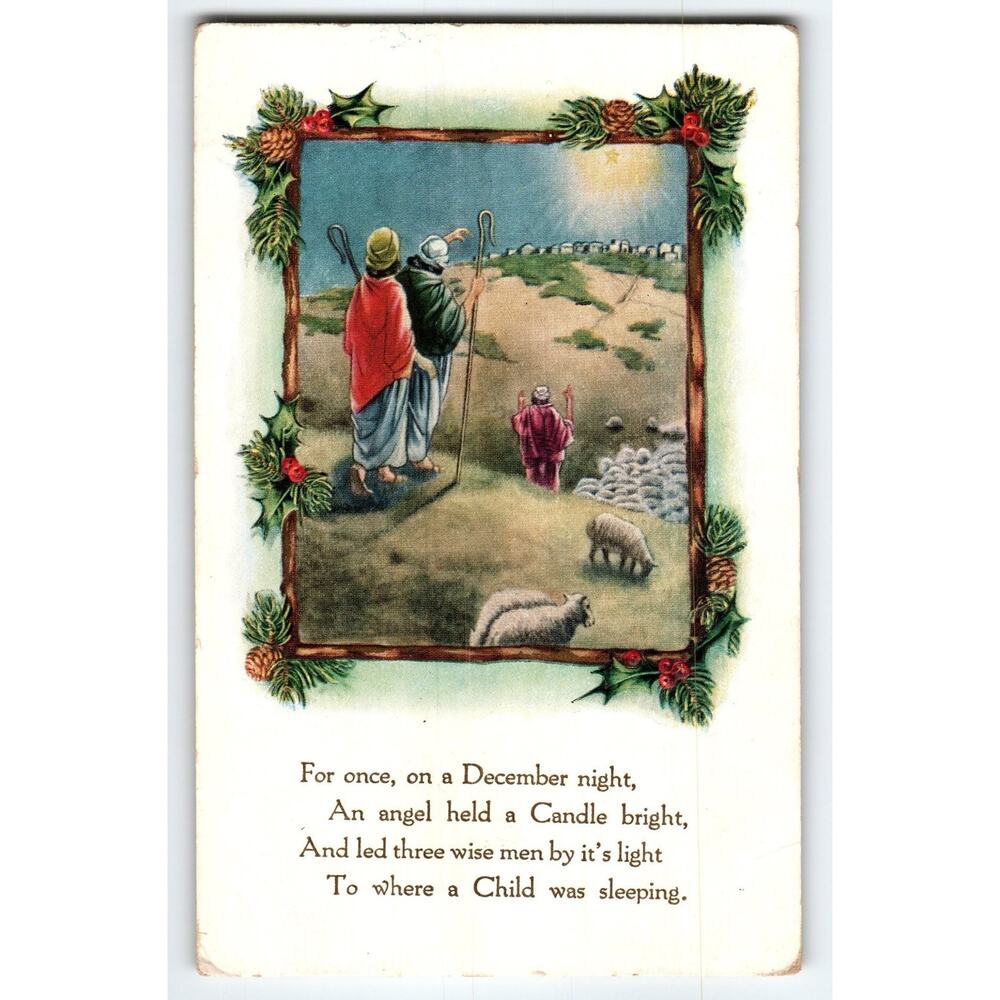 Vintage Whitnery Made Christmas Postcard Three Wise Men & Nativity Scene